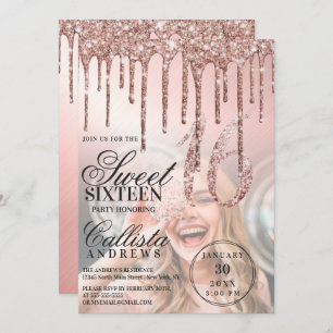 Rose Gold Metallic Glitzer Tropfen Foto Sweet 16 Einladung
