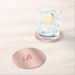 Rose Gold Metallic Texture Monogram Runder Pappuntersetzer