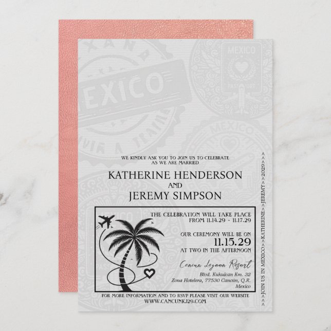 Rose Gold Mexico Passport Hochzeit Einladung (Vorne/Hinten)