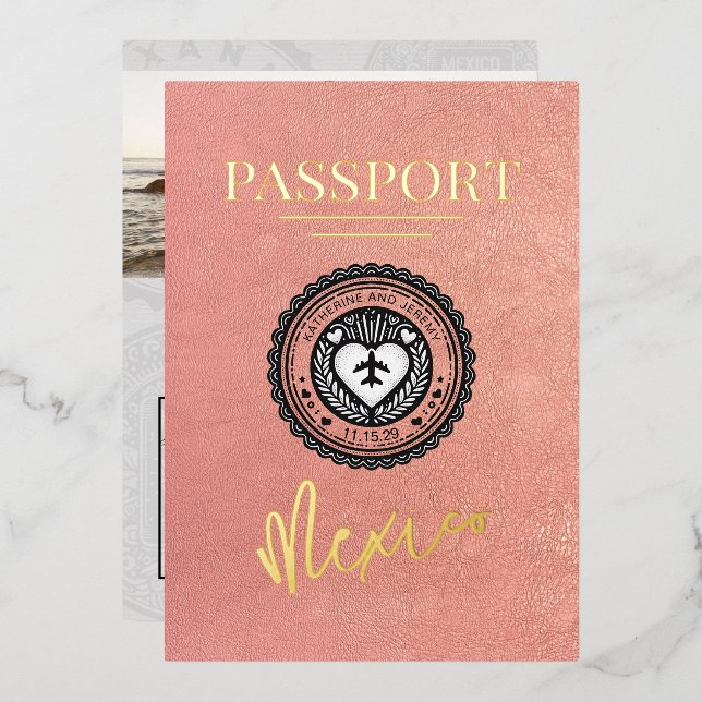 Rose Gold Mexico Passport Hochzeit Folieneinladung (Vorderseite/Rückseite)