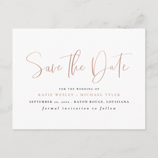 Rose Gold Minimale Typografie Save the Date Ankündigungspostkarte (Vorderseite)