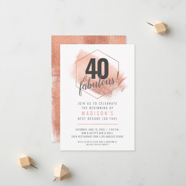 Rose Gold Minimalistische 40. Geburtstag Einladung (Vorderseite/Rückseite Beispiel)