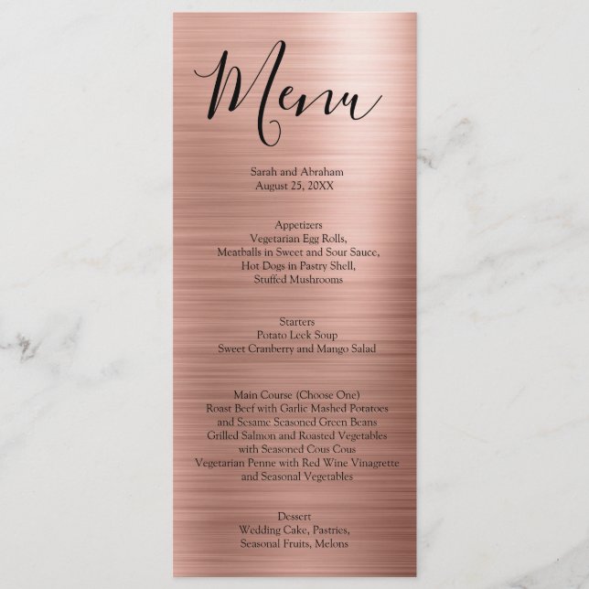 Rose Gold Minimalistische Typografie Hochzeitmenü  Menükarte (Vorderseite)