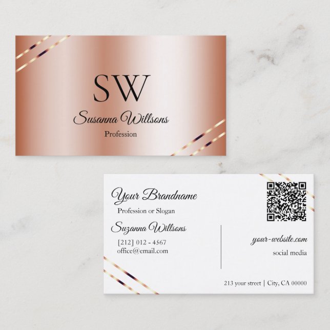 Rose Gold mit schimmernden Linien Monogramm QR-Cod Visitenkarte (Vorne/Hinten)