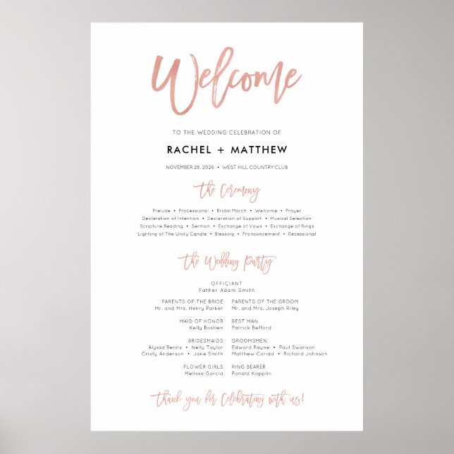 Rose Gold Moderne Märchen-Hochzeitsprogramm-Tafel Poster (Vorne)