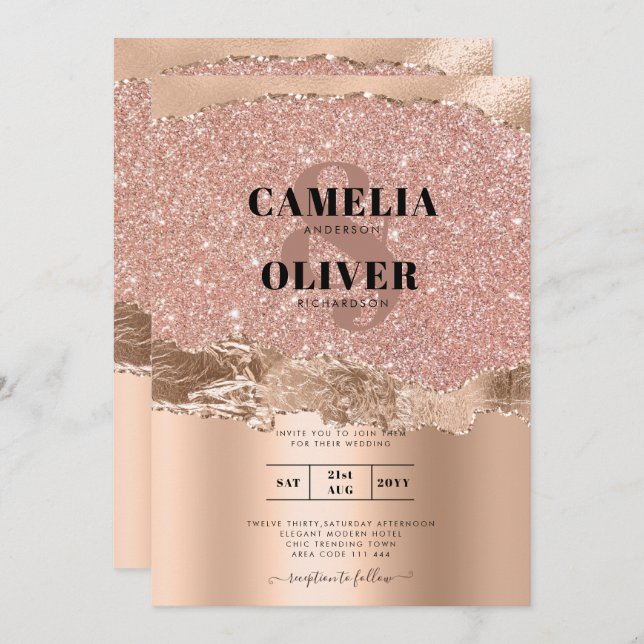 Rose Gold Moderner Glamour Hochzeitsempfang Einladung (Vorne/Hinten)