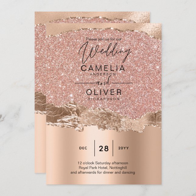 Rose Gold Moderner Glamour Hochzeitsempfang Einladung (Vorne/Hinten)