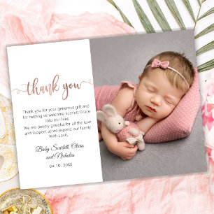 Rose Gold Modernes Script Baby Foto Vielen Dank Postkarte