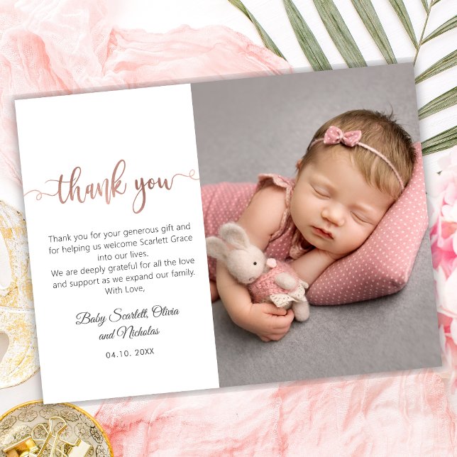 Rose Gold Modernes Script Baby Foto Vielen Dank Postkarte (Von Creator hochgeladen)