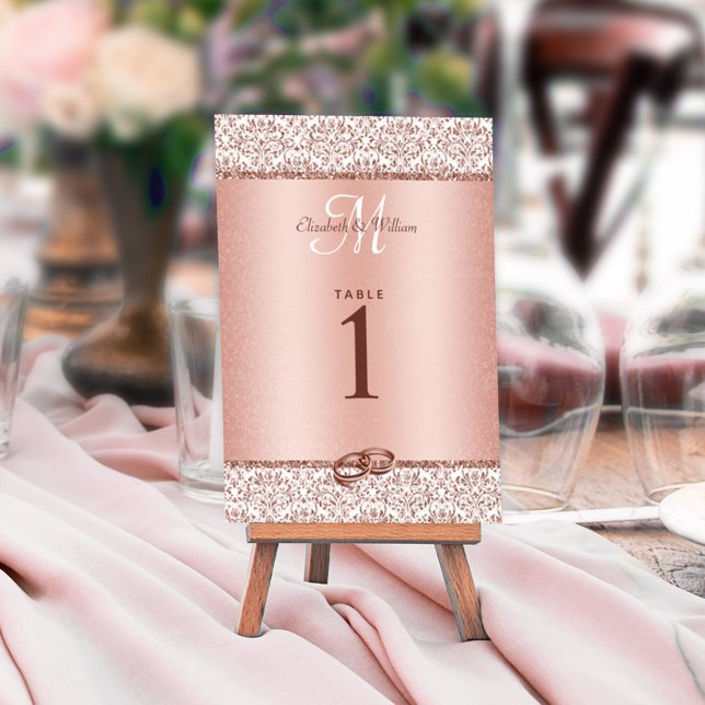 Rose Gold Monogram Damask Glitzer Elegante Hochzei Tischnummer (Von Creator hochgeladen)