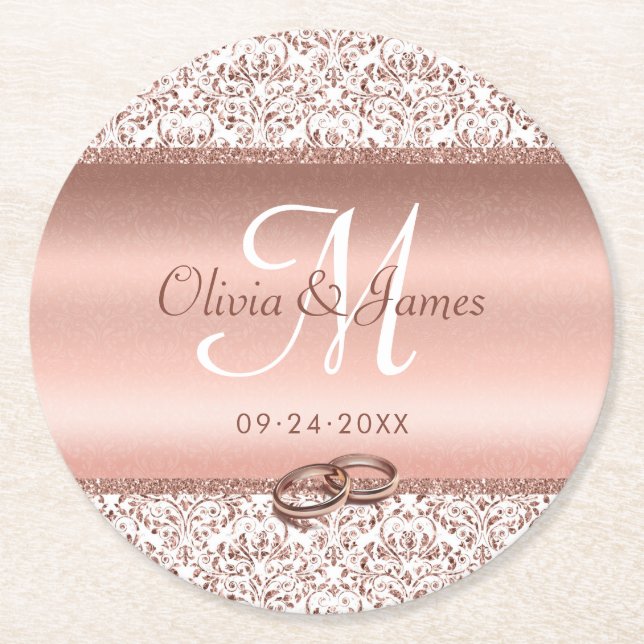 Rose Gold Monogram Elegante Hochzeit Runder Pappuntersetzer (Vorderseite)