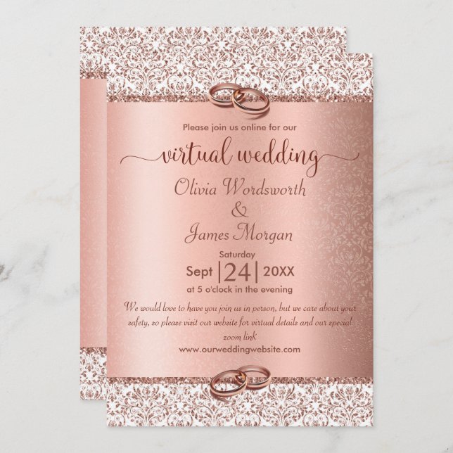 Rose Gold Monogram Glitzer Virtual Wedding Einladung (Vorne/Hinten)