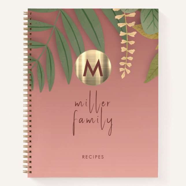Rose Gold Monogram Greenery Familienrezeptbuch Notizbuch (Vorderseite)