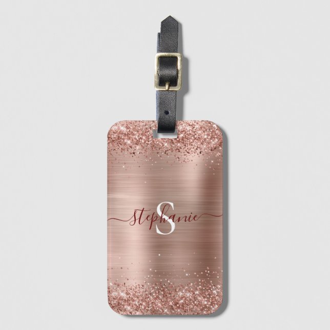 Rose Gold Monogram Imitats-Glitzer Girly Glam Gepäckanhänger (Vorderseite Vertikal)