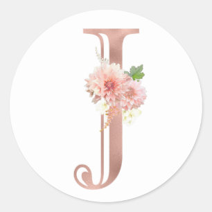 Rose Gold Monogram Letter J Rosa Blume Foil Runder Aufkleber
