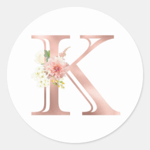 Rose Gold Monogram Letter K Rosa Blume Foil Runder Aufkleber