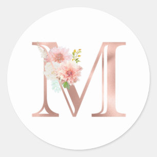 Rose Gold Monogram Letter M Rosa Blume Foil Runder Aufkleber