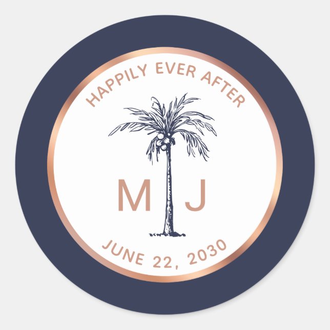 Rose Gold Monogram Palm Tree Tropical Wedding Runder Aufkleber (Vorderseite)