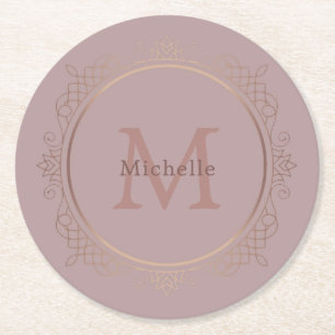 Rose Gold Monogram Personalisiert Elegant Template Runder Pappuntersetzer