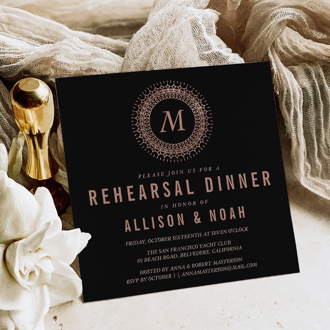 Rose Gold Monogram Probe Dinner mit Imitaten Einladung (Von Creator hochgeladen)