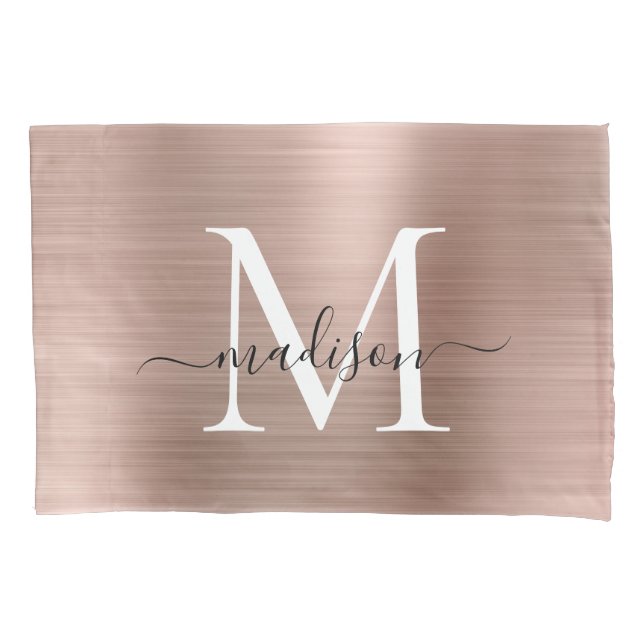 Rose Gold Monogram Script Elegant Brushed Metal Kissenbezug (Vorderseite)