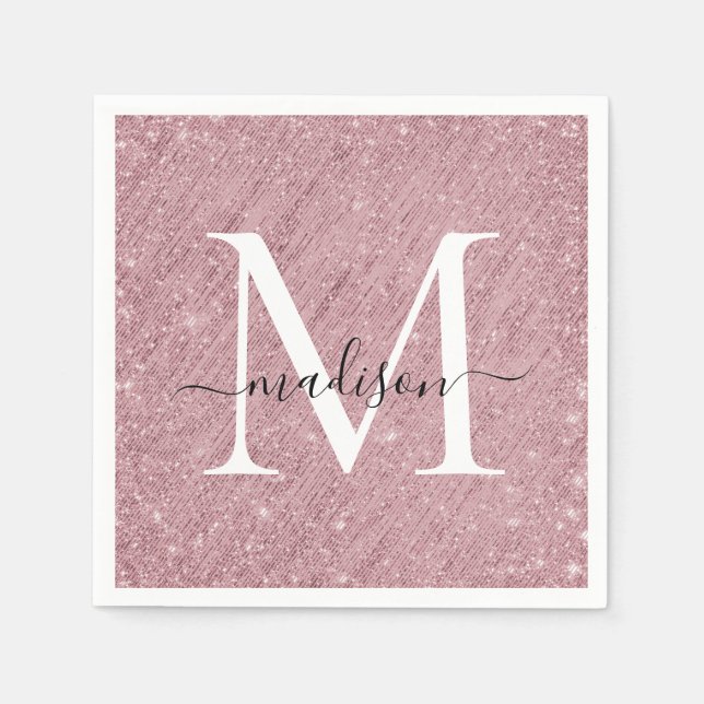 Rose Gold Monogram Script Sparkle Glitzer Tinsel Serviette (Vorderseite)