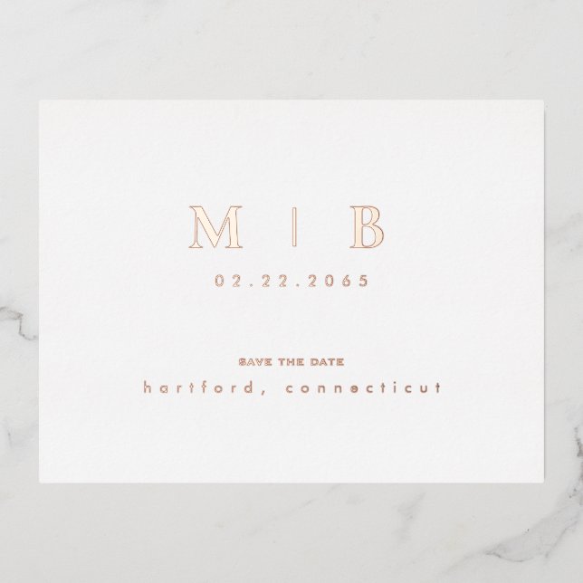 Rose Gold Monogram Wedding Save the Date Folie Einladungspostkarte (Vorderseite)