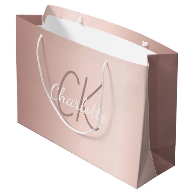 Rose gold Monogramm Drehbuch modern elegant Große Geschenktüte (Rückseite Schrägansicht)
