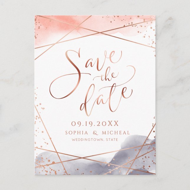 Rose Gold Morgendämmerung Wasserfarben Save the Da Postkarte (Vorderseite)