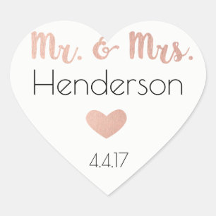 Rose Gold, Mr. & Mrs. Stickers- Gastgeschenke Hoch Herz-Aufkleber