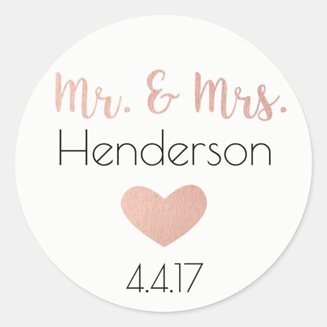 Rose Gold, Mr. & Mrs. Stickers- Gastgeschenke Hoch Runder Aufkleber (Vorderseite)