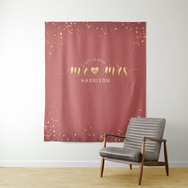 Rose Gold Mr. und Mrs. Wedding Foto Booth Tapestry Wandteppich (Beispiel)