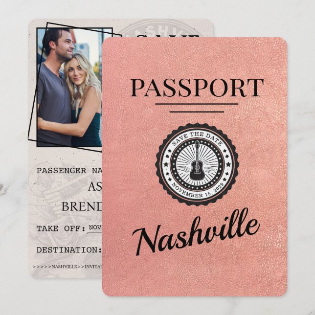 Rose Gold Nashville Passport Save the Date (Vorne/Hinten)