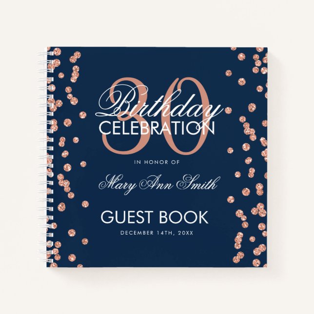 Rose Gold Navy 30. Geburtstag Gästebuch Confetti Notizbuch (Vorderseite)