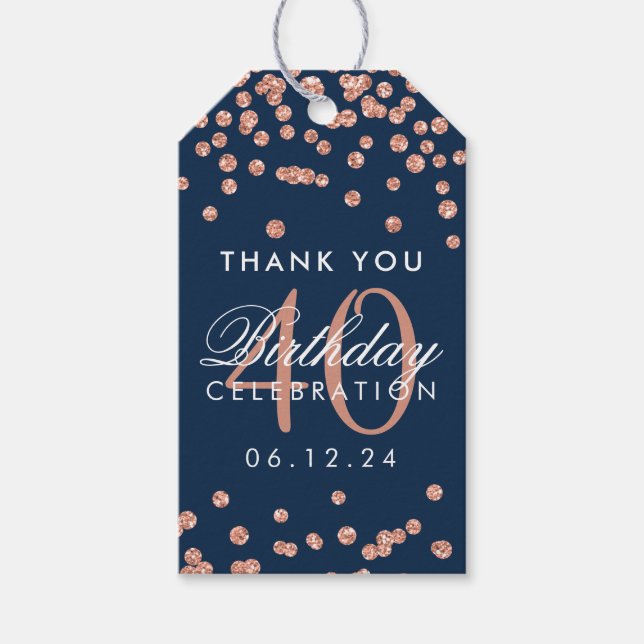 Rose Gold Navy 40. Geburtstag Danke Confetti Geschenkanhänger (Vorderseite)