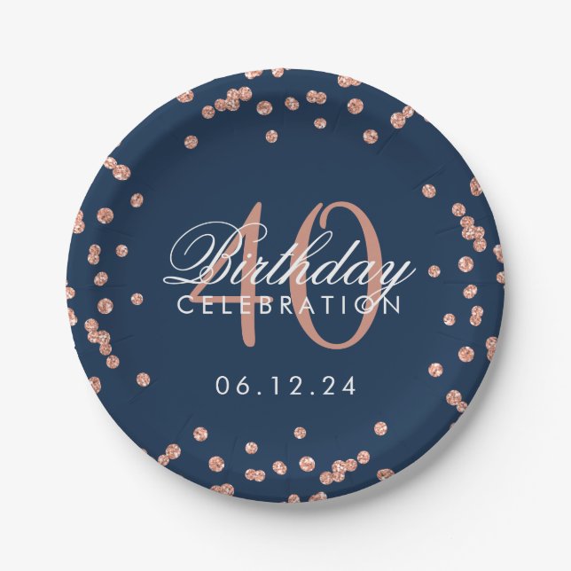 Rose Gold Navy 40. Geburtstag Glitzer Confetti Pappteller (Vorderseite)
