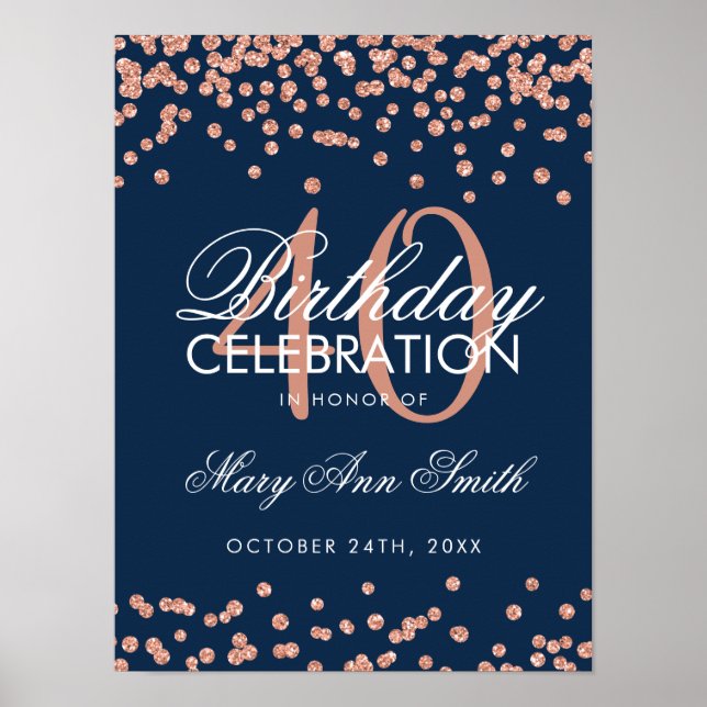 Rose Gold Navy 40. Geburtstag Glitzer Confetti Poster (Vorne)