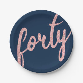 Rose Gold Navy 40 Geburtstagsparty Glitzer "40" Pappteller