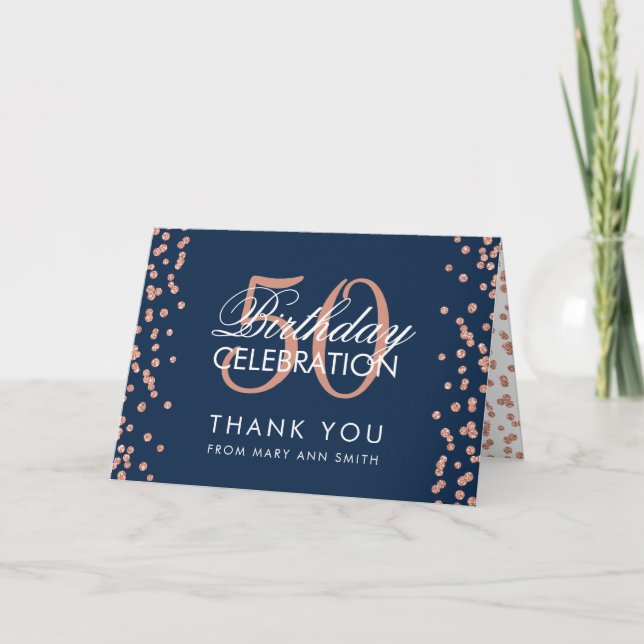 Rose Gold Navy 50. Geburtstag Danke Confetti (Vorderseite)