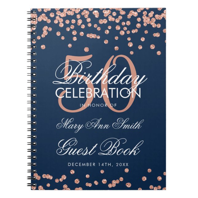 Rose Gold Navy 50. Geburtstag Gästebuch Confetti Notizblock (Vorderseite)