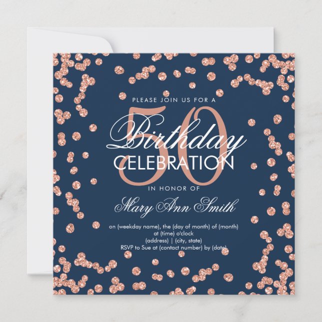 Rose Gold Navy 50. Geburtstag Glitzer Confetti Einladung (Vorderseite)
