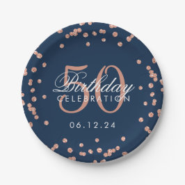 Rose Gold Navy 50. Geburtstag Glitzer Confetti Pappteller
