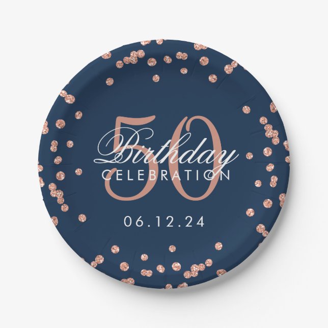 Rose Gold Navy 50. Geburtstag Glitzer Confetti Pappteller (Vorderseite)