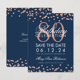 Rose Gold Navy 80. Geburtstag Rett Datum Confetti Einladung