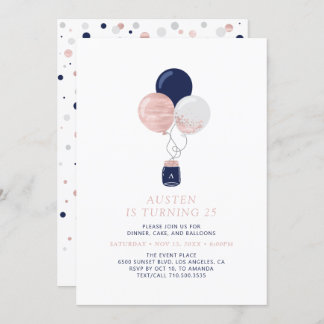 Rose Gold & Navy Balloons Moderne Geburtstagsparty Einladung