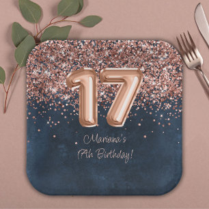 Rose Gold Navy Blau 17. Geburtstagsfeier Pappteller