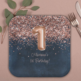 Rose Gold Navy Blue 1. Geburtstag Party Pappteller