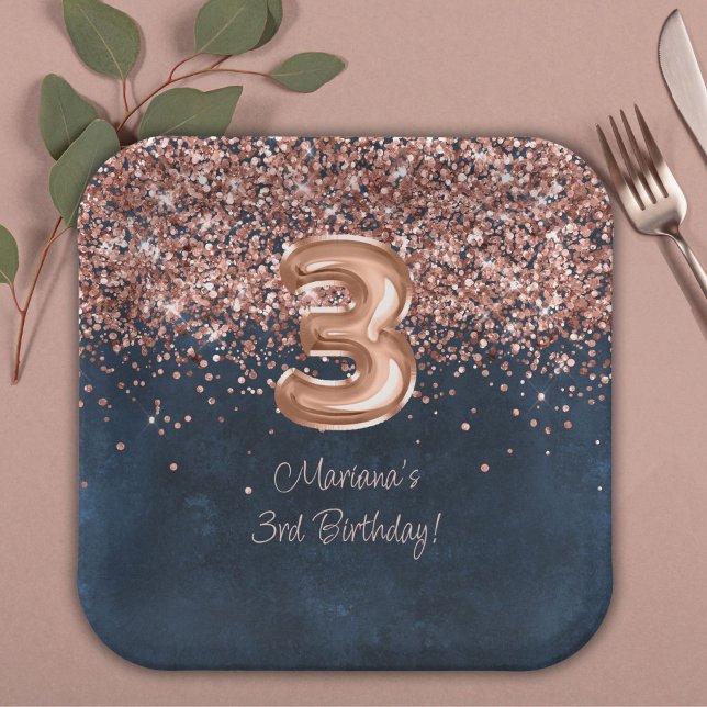 Rose Gold Navy Blue 3. Geburtstag Party Pappteller (Von Creator hochgeladen)