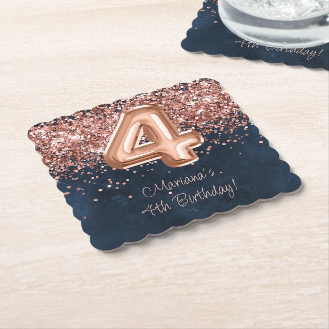 Rose Gold Navy Blue 4. Geburtstag Party Untersetzer (angewinkelt)
