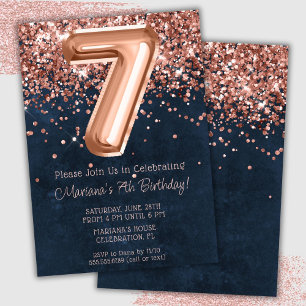 Rose Gold Navy Blue 7. Geburtstagsparty Einladung